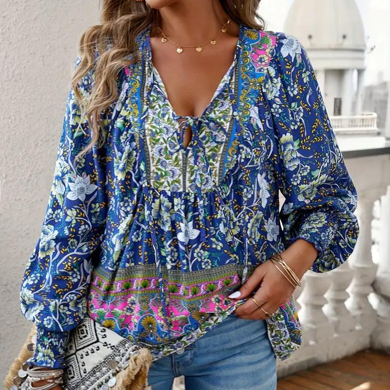 Bluse mit V-Ausschnitt und Blumendruck, lässige Bluse mit V-Ausschnitt und Blumendruck, lange Ärmel mit Kordelzug für Frühling und Herbst – Damenbekleidung S navy blau