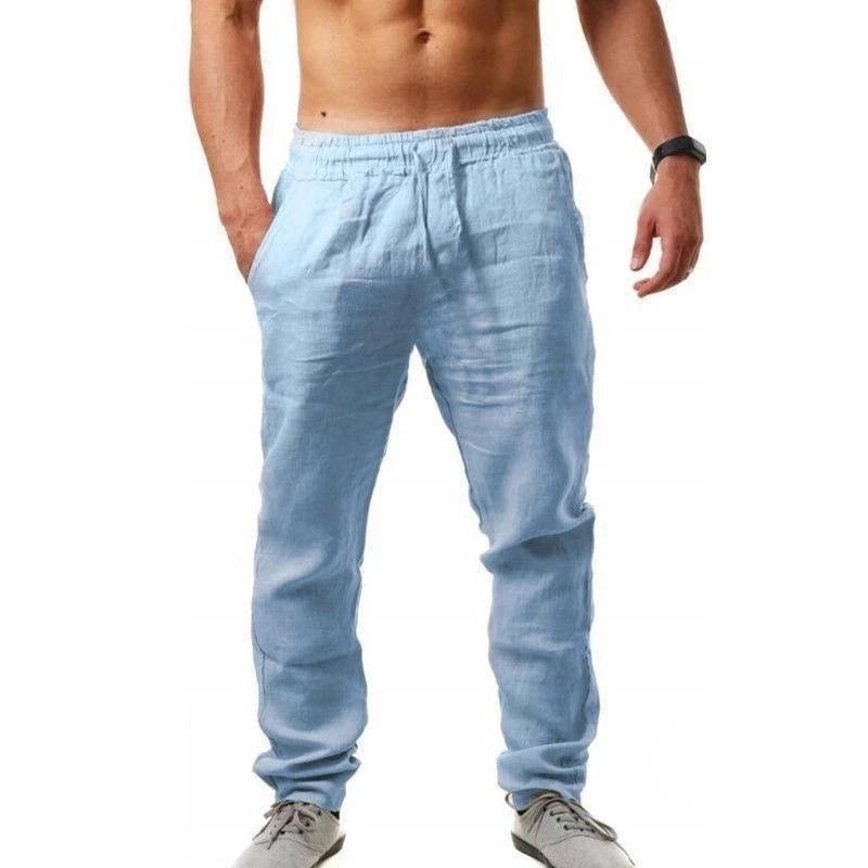 Männer Baumwolle Leinen Hosen Männlichen Herbst Neue Atmungsaktive Einfarbig Leinen Hosen Fitness Streetwear S-3XL XXL himmelblaue