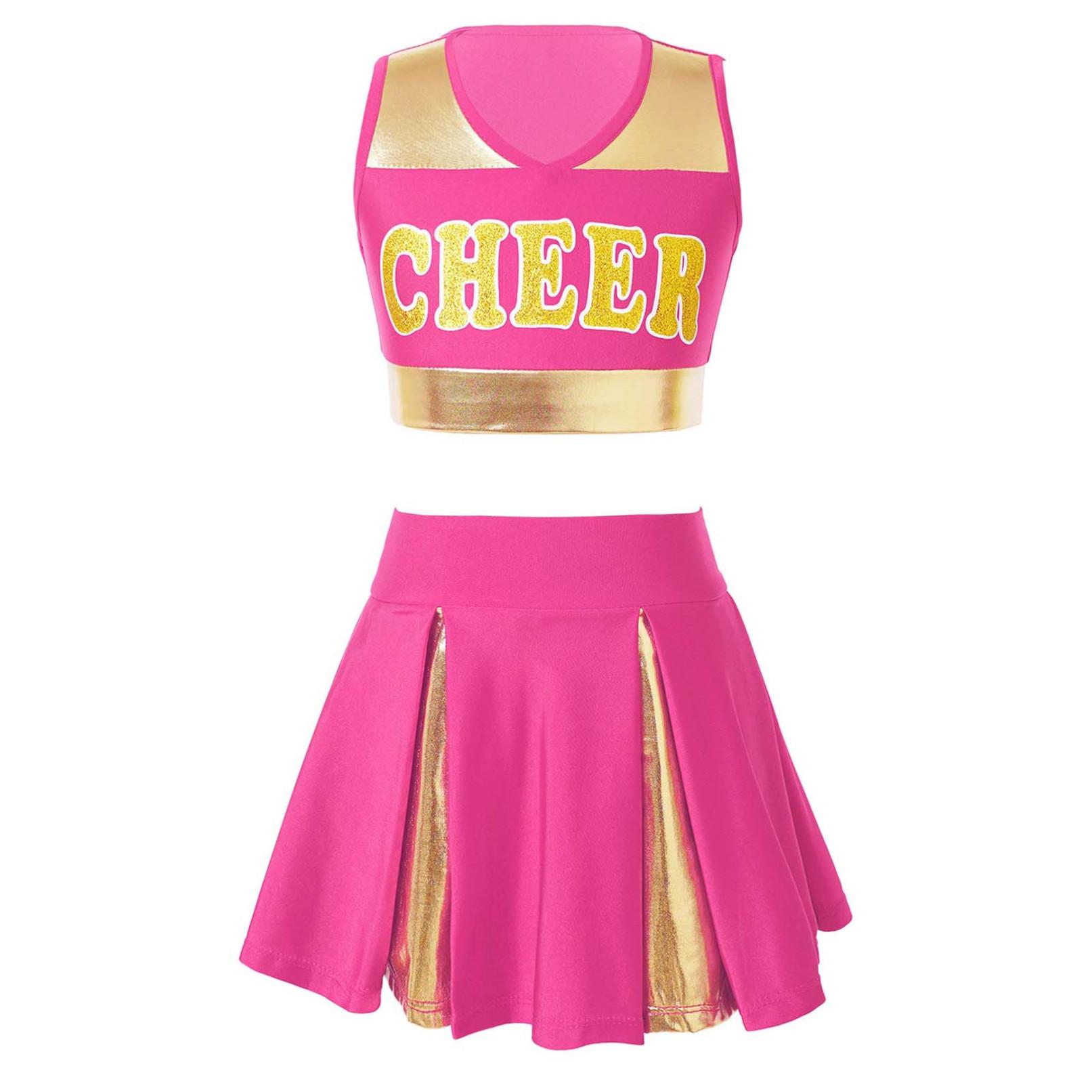 Kinder Mädchen Cheerleading Tanzkleidung Set Ärmelloses Crop Top mit Buchstabenaufdruck und Rock Cheer Uniform 5-6 Years heißes rosa