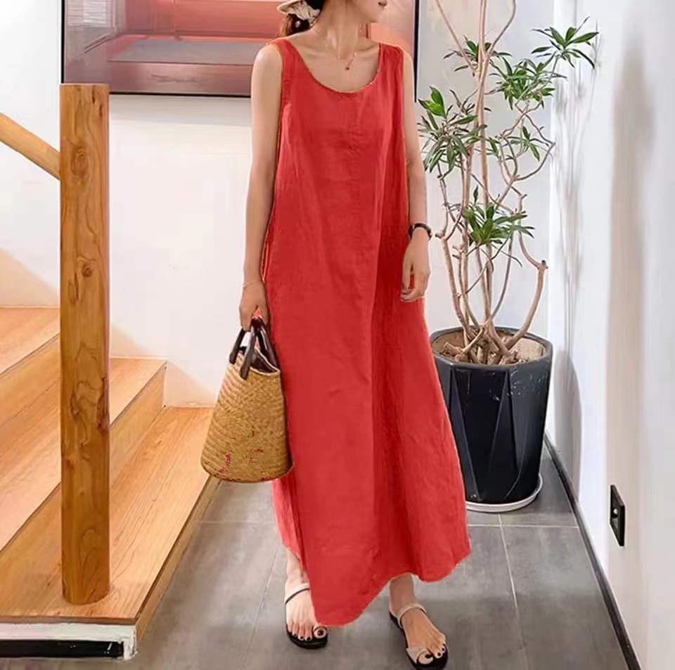 QICED Sommer Lange Version Träger Baumwolle Hanf Einfacher Stil Lockere Tasche Rundhals Temperament Ärmelloses Kleid Damen XXXXXL red