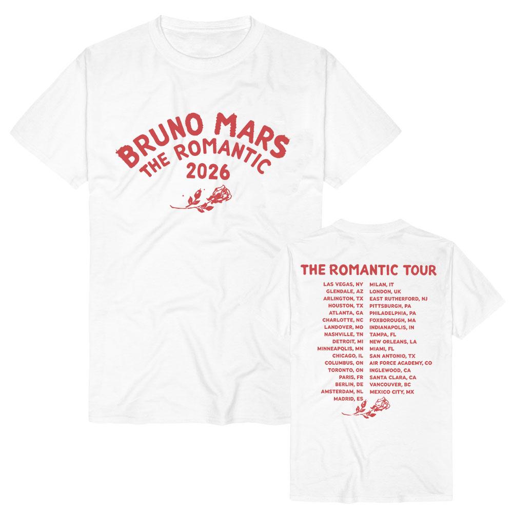 BRUNO MARS The Romantic Tour T-Shirts Kurzarm Baumwoll-T-Shirts Sommer Damen-T-Shirts Unisex Streetwear Lässiges T-Shirt mit Grafikdruck S