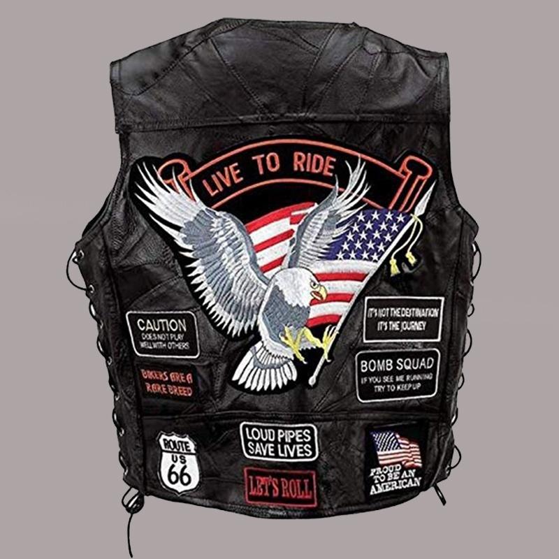 Modische Biker-Motorradweste aus Leder, Punk-Weste, verdeckte Tragemöglichkeit, Bikerweste mit Aufnähern, Motorradjacken 4XL schwarz