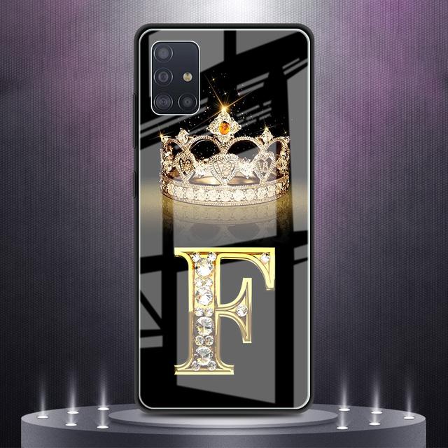 Glas-Handyhülle für Samsung Galaxy A52 A51 A71 A50 A21s A53 A32 A91 A12 A41 A31 A33, Härte-Funda-Abdeckung, Kronen-Alphabet-Buchstabe for Samsung A71