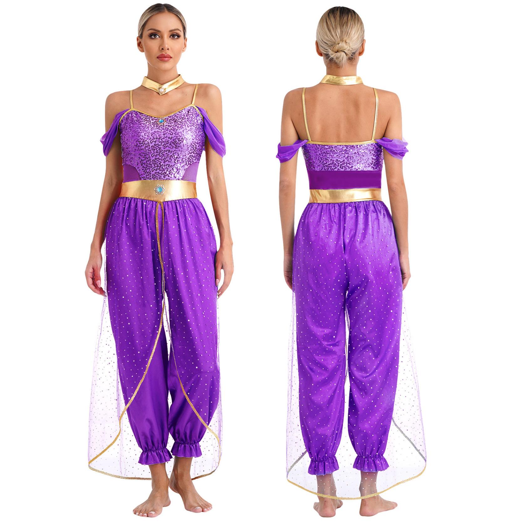 Damen Prinzessin Kostüm Set Pailletten Overall Lange Weite Hosen Karneval Cosplay Party Tanz Fasching Outfit S violett