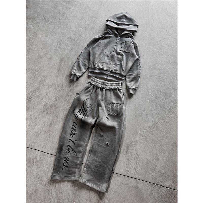 Y2K Harajuku Punk Gothic Lockeres Kapuzensweatshirt Amerikanischer Bestickter Aufnäher Lässig Doppelte Kapuze High Street Retro Sport Sui XXXL grau