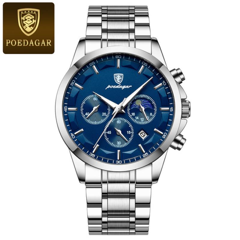 Rose Gold Luxus Mann Armbanduhr Militärische Wasserdichte Leucht Chronograph Männer Uhr Edelstahl herren Quarz Uhren stainless steel silber/blau