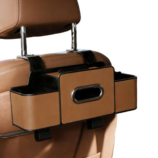 3-in-1 Auto-Rücksitz-Organizer Multifunktionale Rücksitz-Aufbewahrungsbox mit 2 Getränkehaltern Taschentuchbox und Haken für Handys Snacks Getränke Handtaschen braun