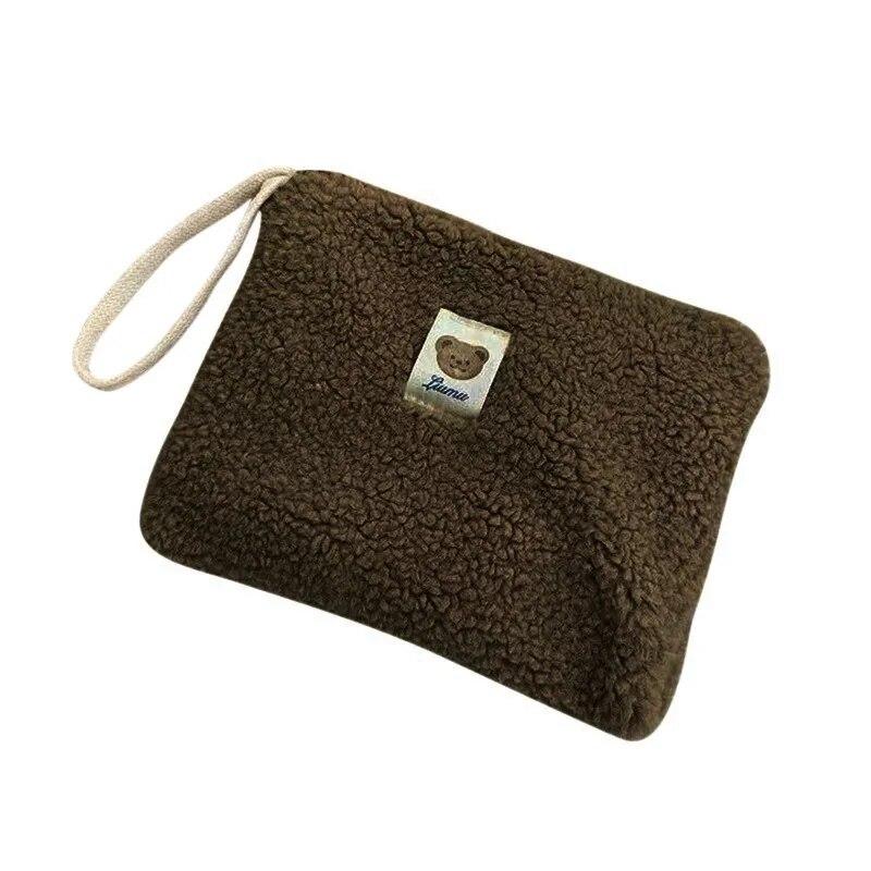 Tragbare Plüsch-Make-up-Tasche, einfarbig, niedliches Fell, Make-up-Tasche für Frauen, Reisen, Make-up, Kulturbeutel, Waschbeutel, Plüsch-Stifttasche khaki