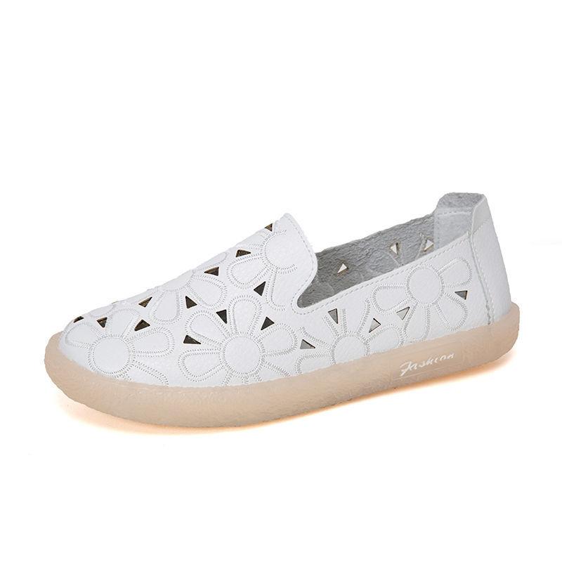 Stickerei-Loch-Schuhe für Damen, flacher Boden, aushöhlen, Mutter-Schuhe, weicher Boden, Slip-on-Loafer, weiße Krankenschwester-Schuhe 39 elfenbein