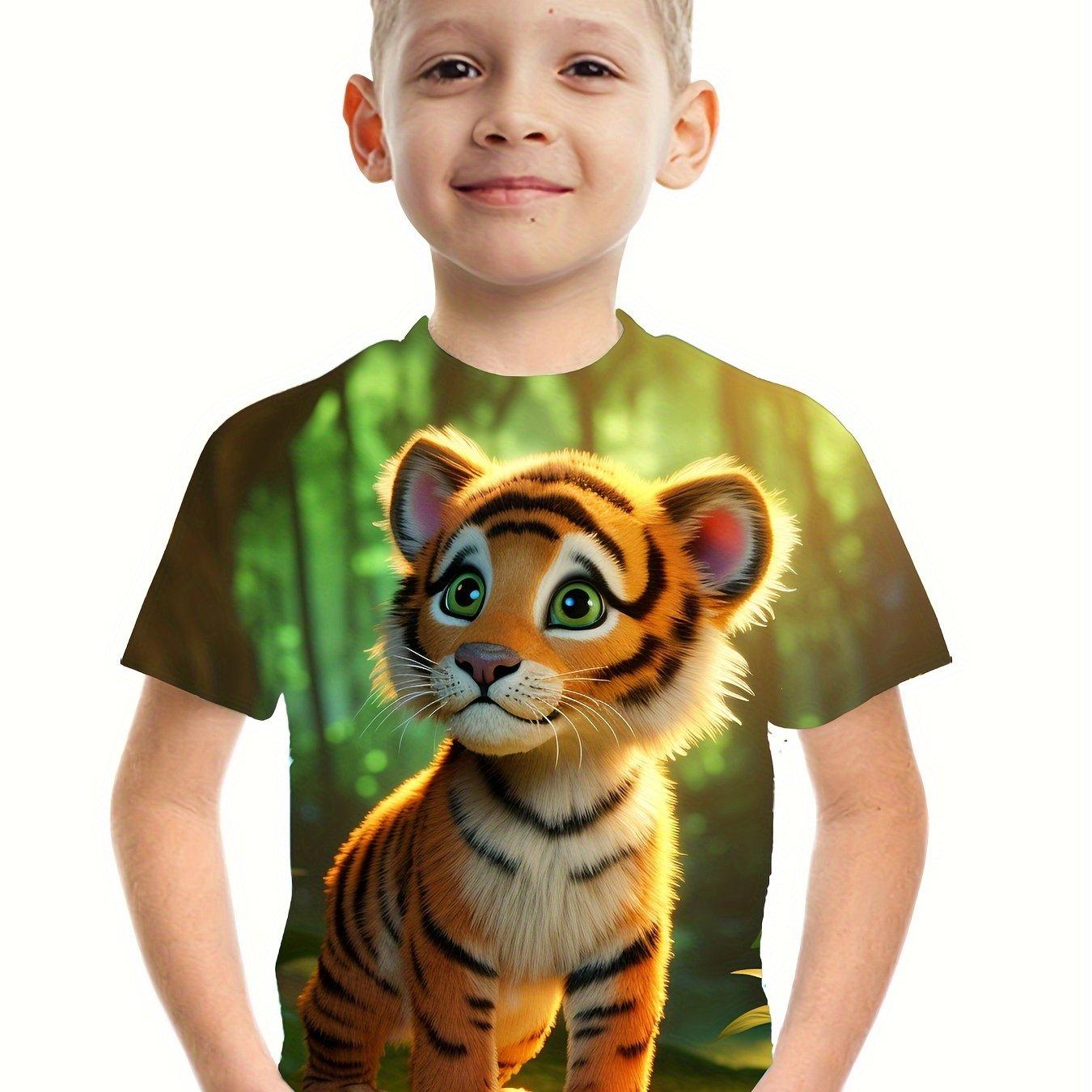 Kinderkleidung Jungen T-Shirt Kurzarm Stilvoller 3D Tiger Print Kinder Sommerkleidung Cartoon Lässige Rundhals Mädchen Kleidung 130