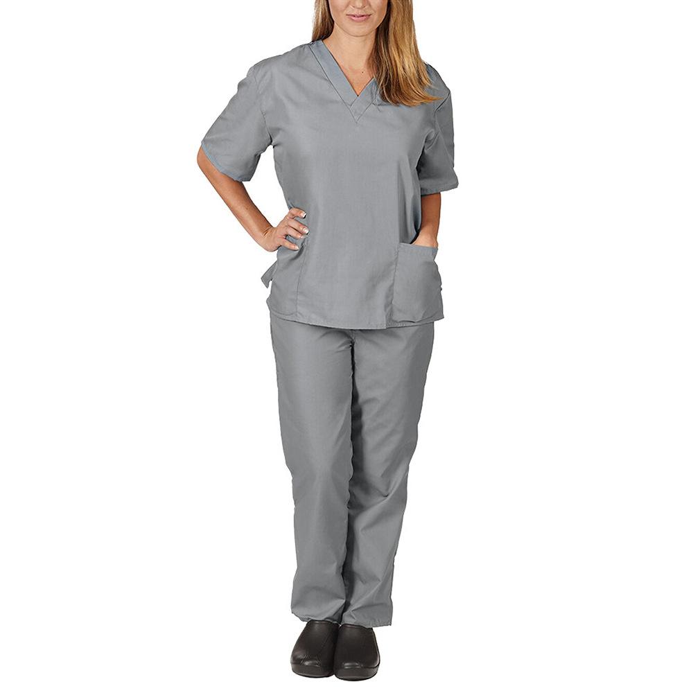 Männer & Frauen Kurzarm V-ausschnitt Top + Hose Pflege Arbeits Uniform Set Anzug Gesundheits Arbeiter Arbeitskleidung Schützen Uniform arzt Kleidung M braun