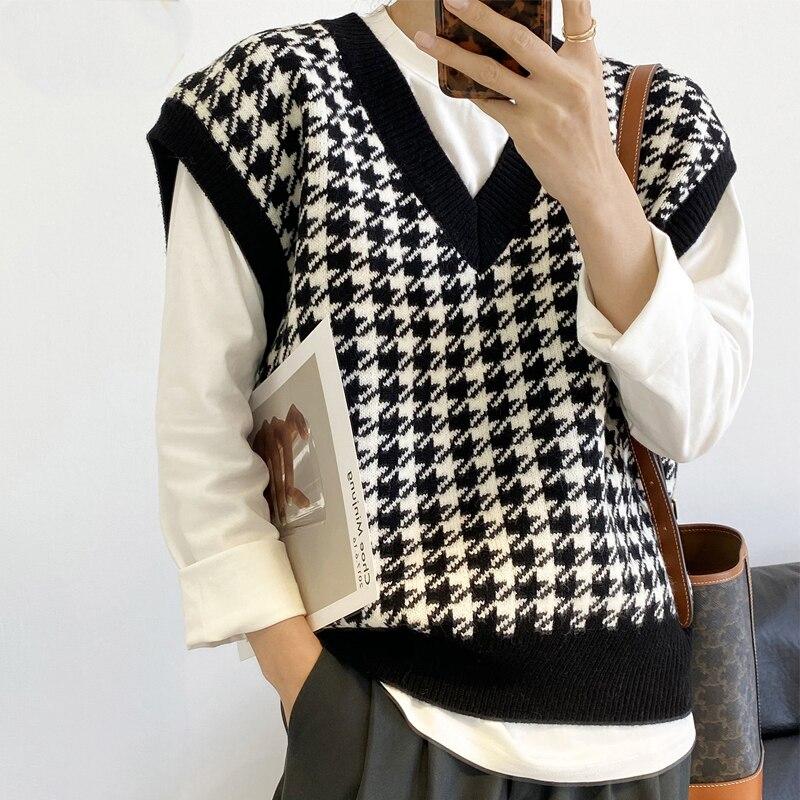 Mädchen Hahnentritt Lose Gestrickte Weste Pullover Frauen Ärmellose Dicke Vintage Pullover Weste Weibliche Weste Chic Tops 17502 L schwarz