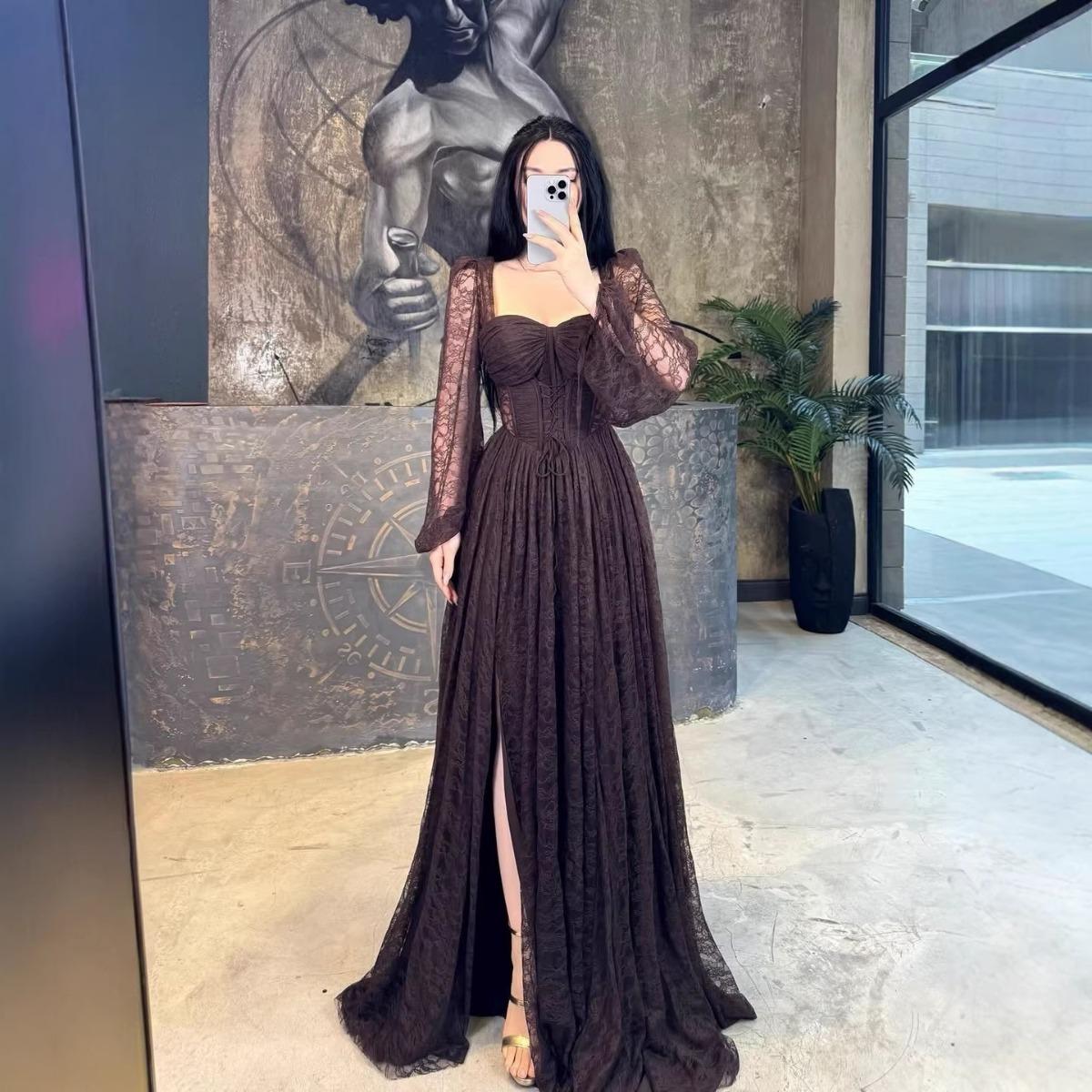 Neues elegantes Spitzen-Maxikleid mit tailliertem Schnitt und langen Ärmeln, formelles Abendkleid im europäischen amerikanischen Stil für den grenzüberschreitenden Handel, neuer Stil M dunkelbraune