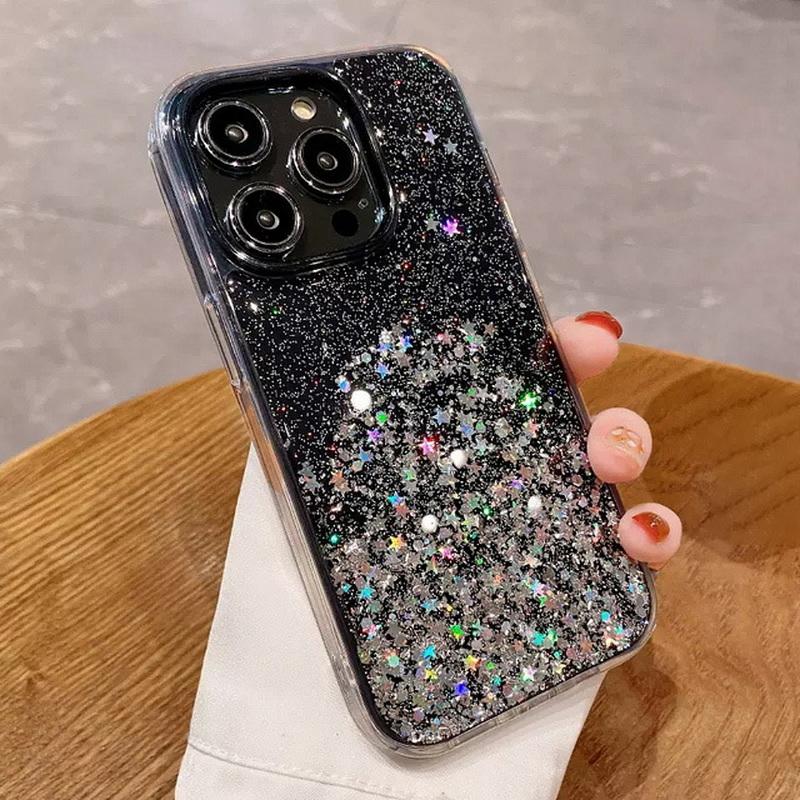 Glitzerfolie Pulverhülle für iPhone 16 Pro Max 15 14 13 Pro 12 11 XS Max XR X Bling Hülle für iPhone SE 2020 8 7 Plus Weiche TPU Clear Cove iPhone 15 Pro Max schwarz