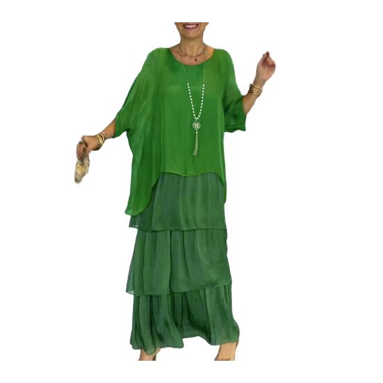 Abendkleid, mehrlagig, verstreuter Kuchensaum, halbe Ärmel, Maxikleid, Fledermausärmel, Baggy 2XL grün