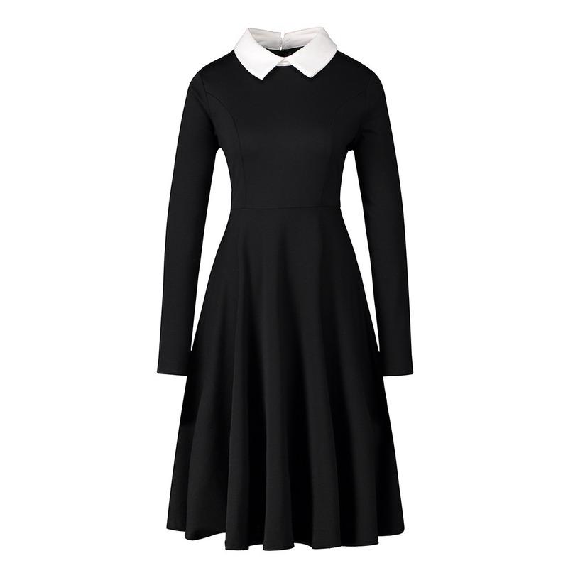 Gothic Damen Kleid Elegant A-Linie Kleider Frauen Peter Pan Kragen Langarm Schwarz Vintage Kleid M schwarz