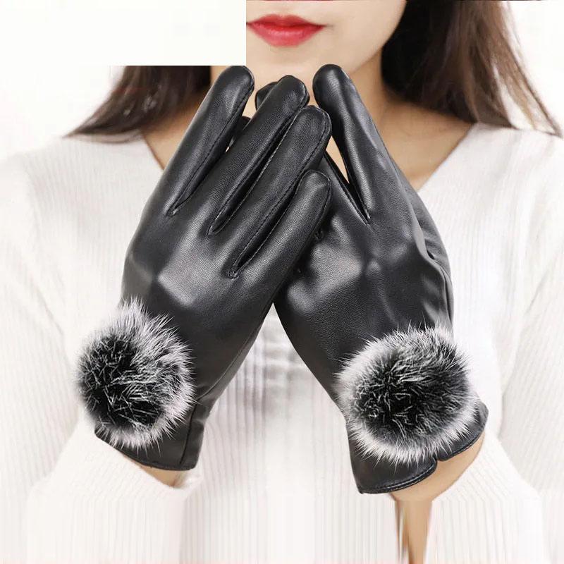 Lederhandschuhe Damen Winter Koreanisch Niedlich Verdickend Wärme Radfahren Motorrad Outdoor Reiten Touchscreen Baumwollhandschuhe gray