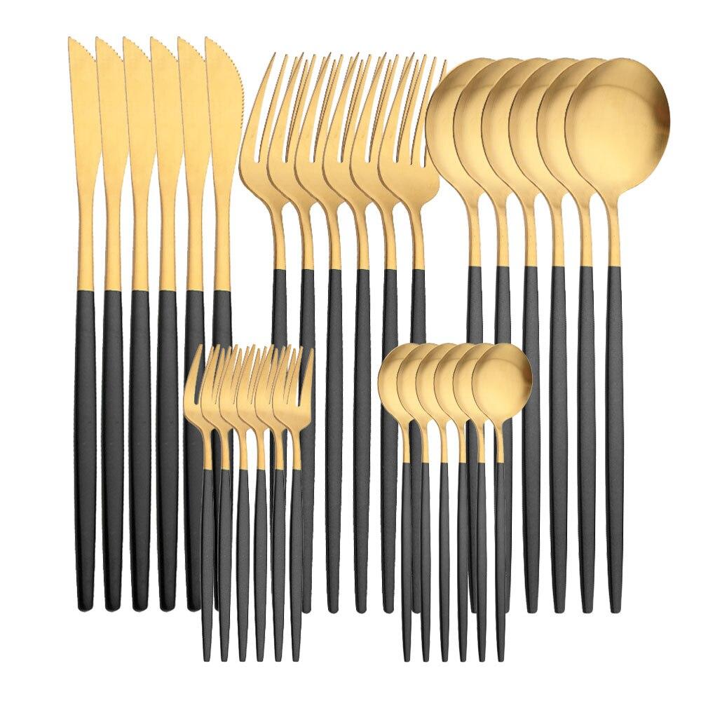 30 Stücke Mattschwarz Silber Geschirr Set Edelstahl Messer Kuchen Gabel Tee Löffel Besteck Besteck Set Küche Geschirr Set gold/schwarz
