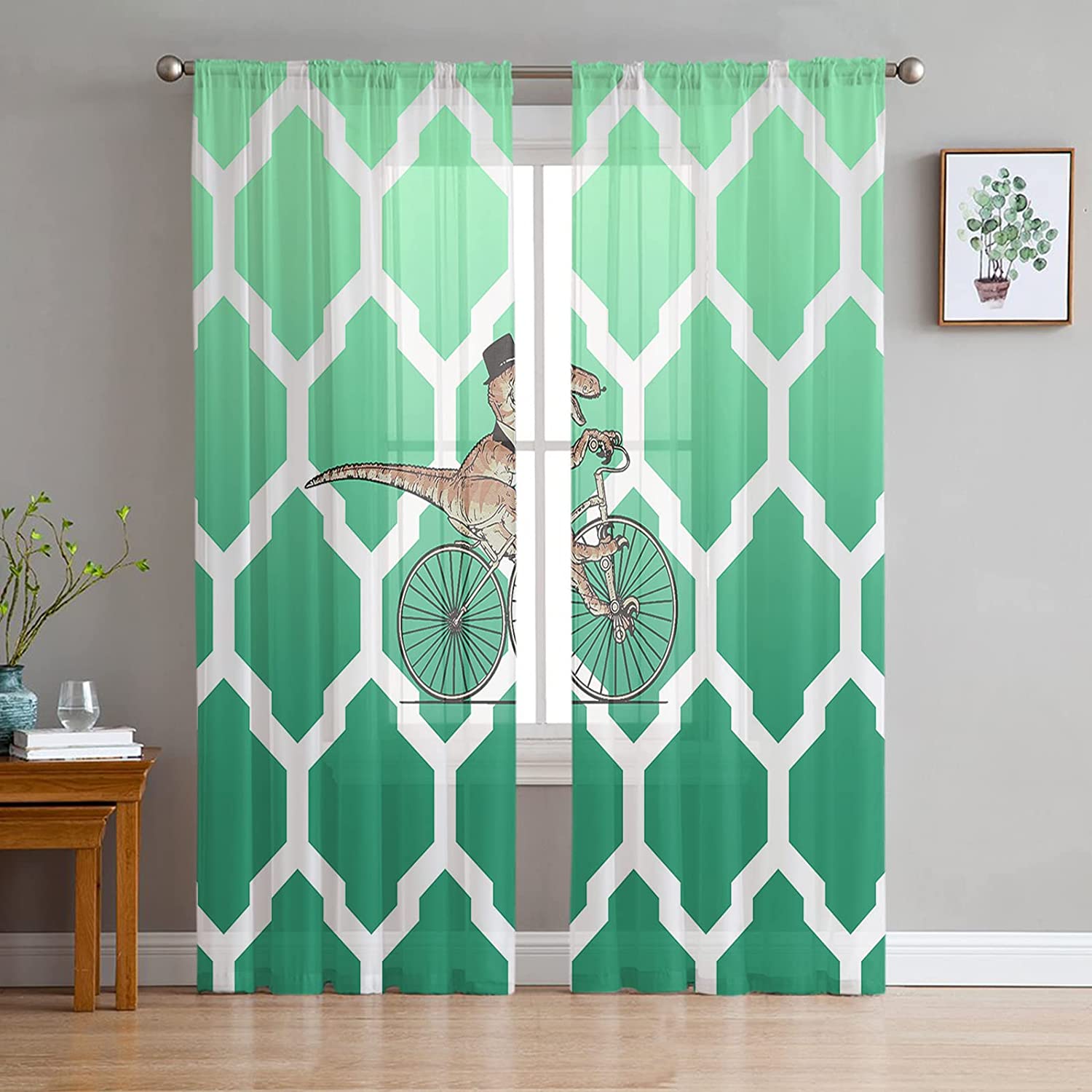 Marokkanische Ombre Geometrie Kawaii Dinosaurier Durchscheinende Voile Vorhänge Für Schlafzimmer Wohnzimmer Küchenbereich Vorhänge Chiffon Tüll Vorhänge 1 PCS W100XH250cm&Rod Pocket blue