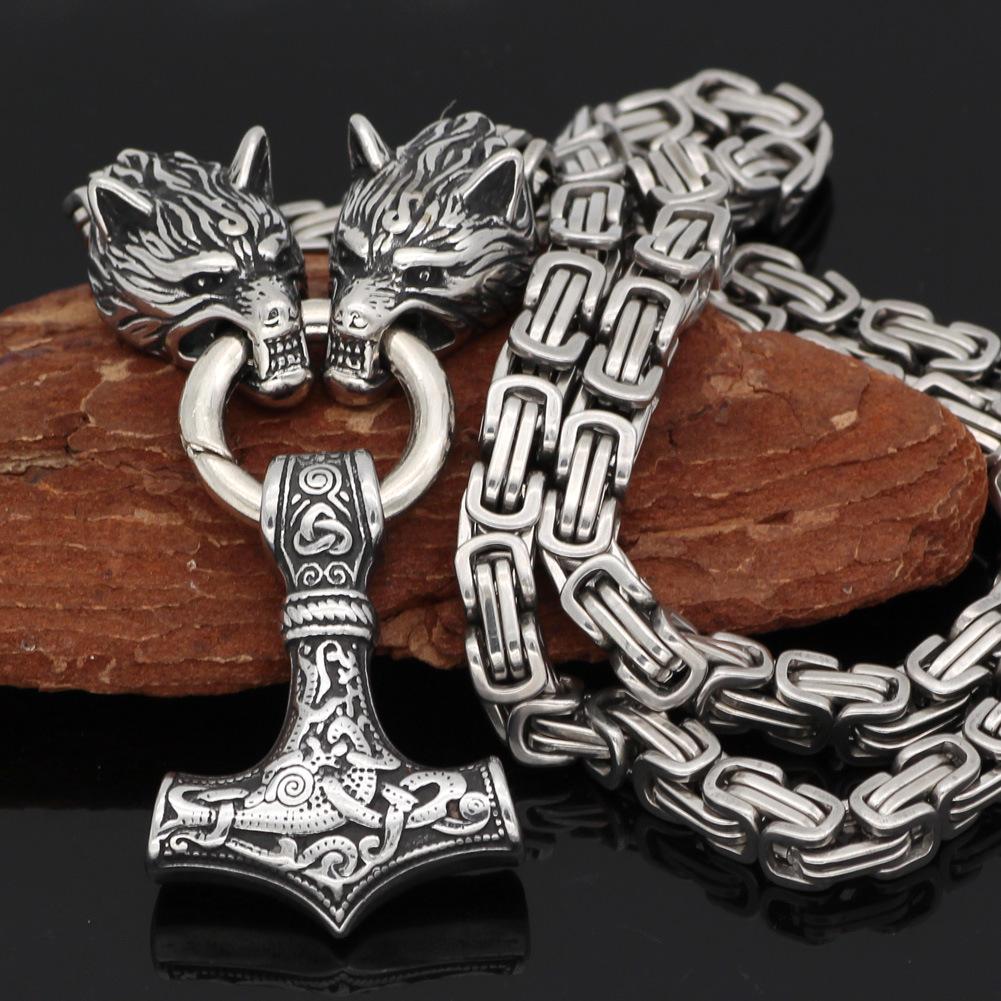Edelstahl Wikinger Wolf Schmuck Quadratische Kette Titan Stahl Thor Hammer Anhänger Halskette Herren Kaiser Kette A 60CM