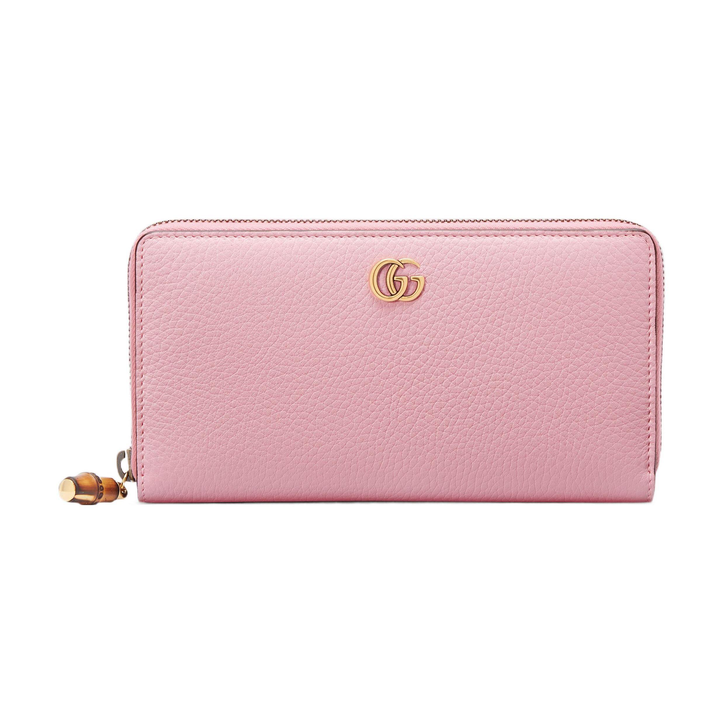 Gucci GG Marmont Rosa genarbtes Leder Reißverschluss Long Wallet Mit Bambus-Zipper für Damen Luxus Tägliche Nutzung Box(Basic Set+Box)