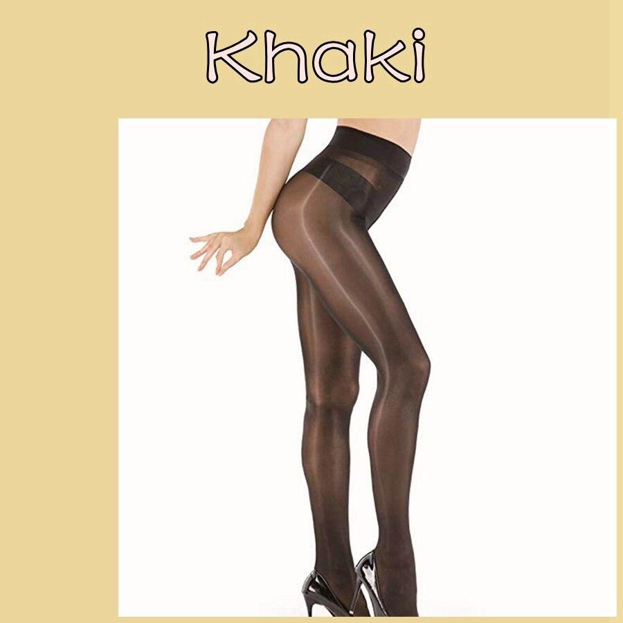 Elastische Magic-Strumpfhose. Außergewöhnliches Material, glänzender als Oil Shine. Ultradünne Strumpfhose mit geschlossenem Schritt für Damen khaki