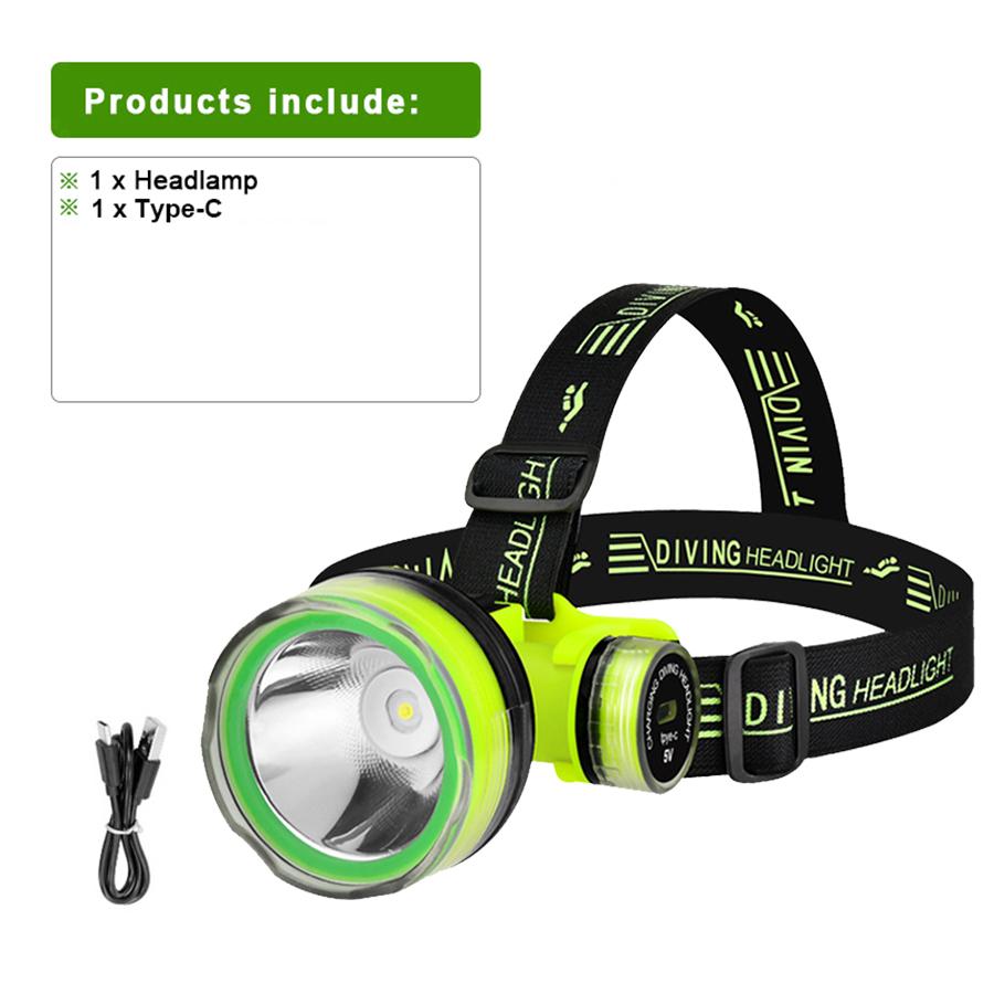 Professionelle Tauch-Stirnlampe, Tauchen, 100 m, starkes Licht, LED-Stirnlampe, IPX8, wasserdicht, Tauch-Stirnlampe, tragbare Amphibien-Laterne grün