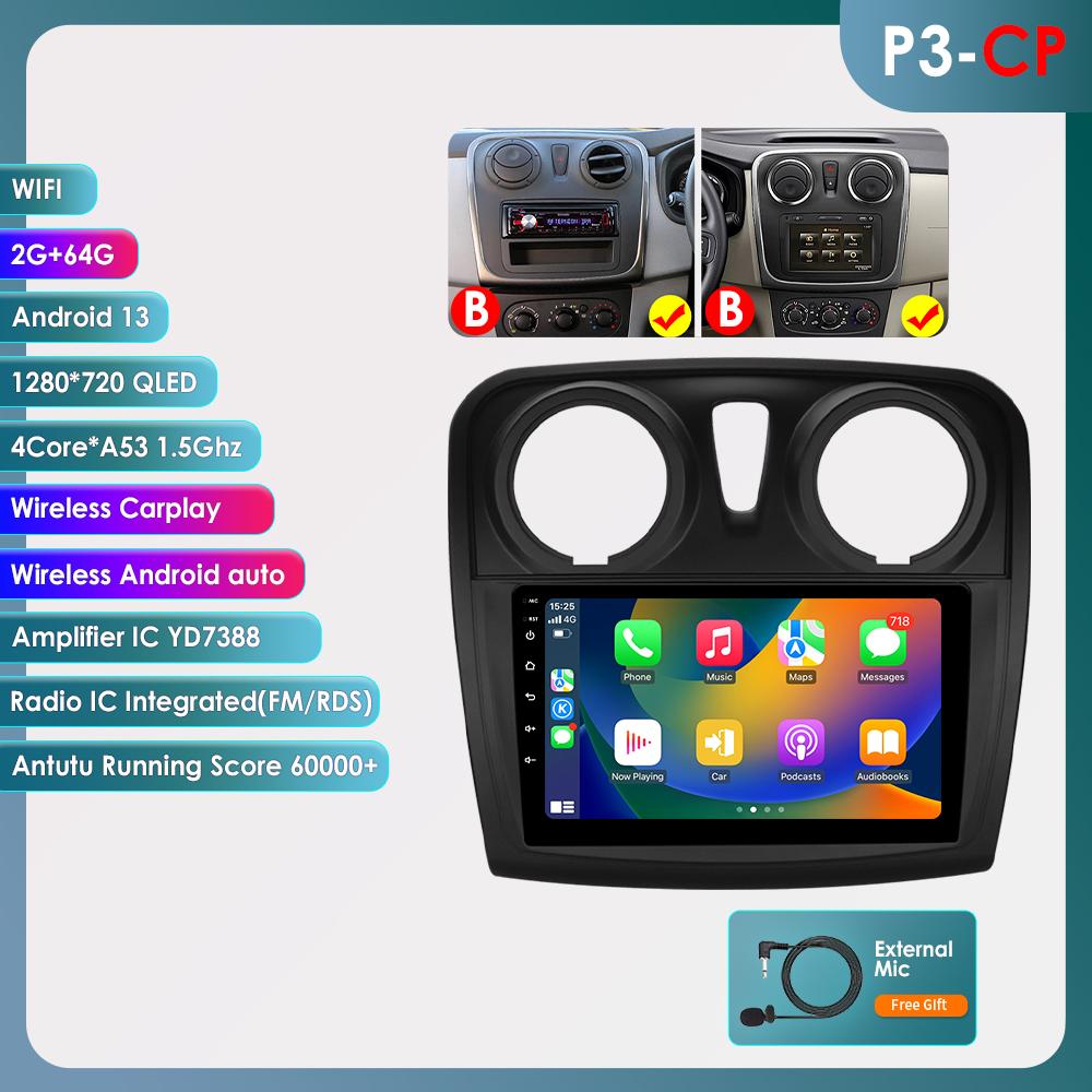 Ossuret Carplay 4G Android 13 Autoradio für Renault Logan 2 2014 - 2019 Sandero 2 Multimedia Video Player GPS 2din Autoradio 7862 Intelligenter Bildschirm P3CP B 4Core 2G 64G