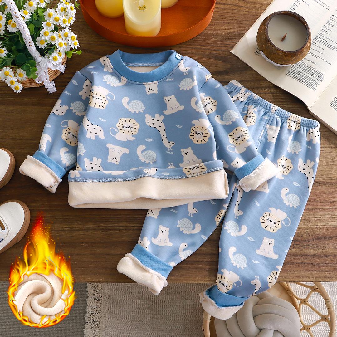 Winter kinder Kleidung Thermo-unterwäsche Set Plus Samt Baby Jungen Verdicken Mädchen Kleidung Kinder Pyjamas Anzug 80cm hellblaue