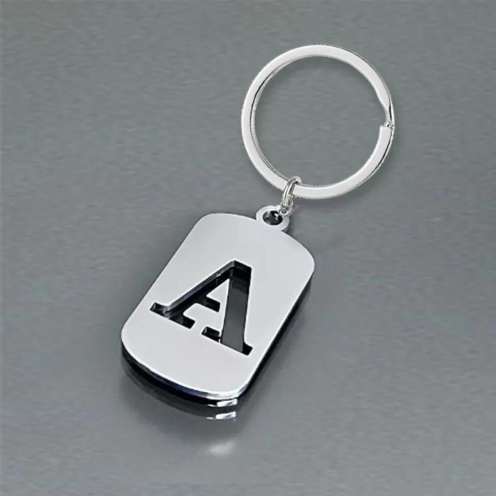 Englischer Buchstaben-Tag-Schlüsselanhänger, glatter Edelstahl, hohl, ABC, personalisierte Schlüsselanhänger, Handtaschen-Ornament