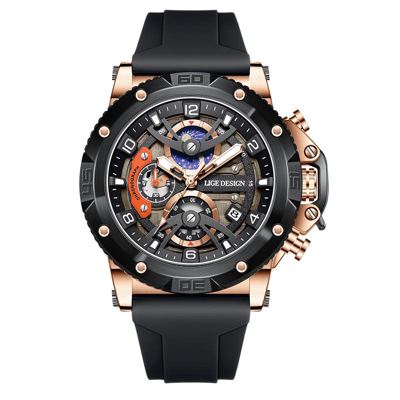 LIGE 2025 Neue Herrenuhr Mode Freizeit Silikon Quarz Uhr Leuchtend Wasserdicht Sport Herren Quarz Uhr schwarz/rose gold