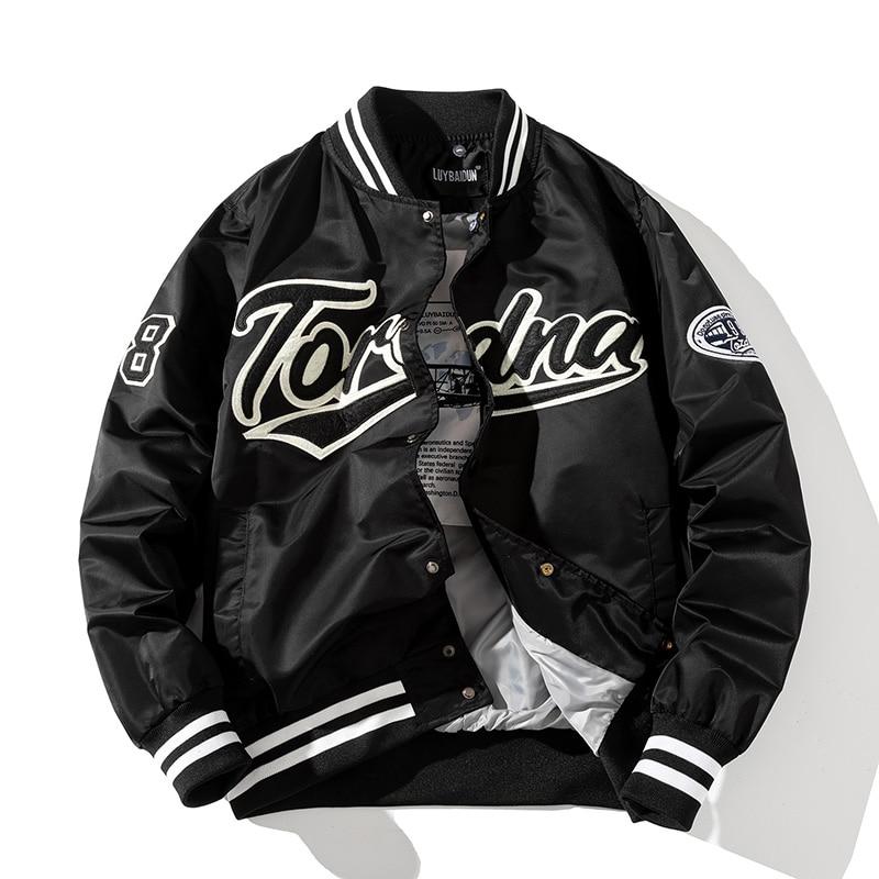 Hip Hop Baseball Jacke Männer Frauen Stickerei Jacke Brief Streetwear Jacke Mode Vintage Windjacke Paare Frühling Herbst S schwarz
