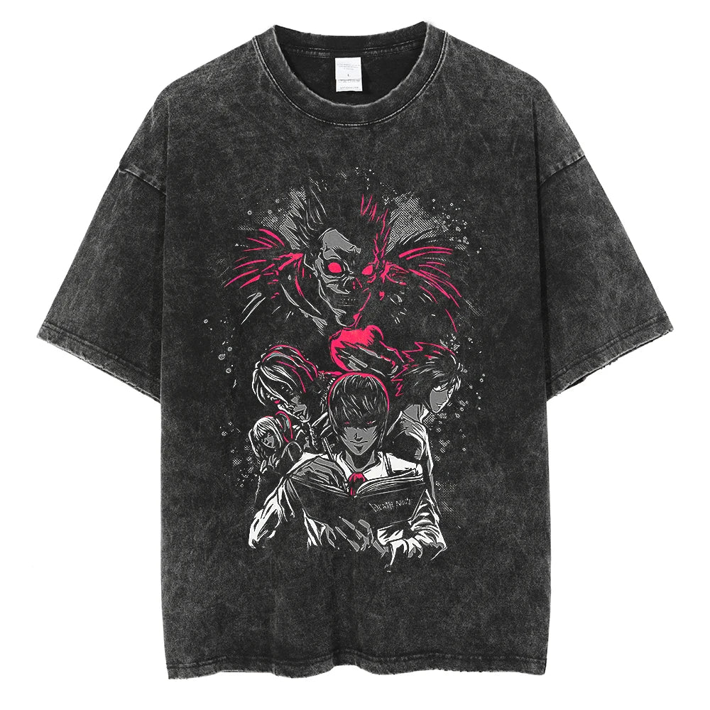 Klassisches Japanisches Anime Death Note Print T-Shirt Herren Gewaschen Übergroß Retro Streetwear Baumwolle Kurzarm Kleidung Lässig Locker Damen Herren Kleidung M navy blau