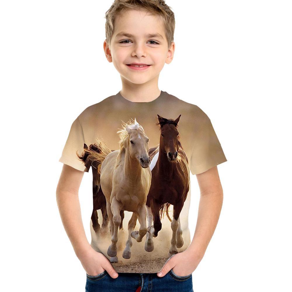 2026 Kinderkleidung Pferdemuster T-Shirt Mädchen Kurzarm Kinderbekleidung Jungen Freizeitkleidung 160