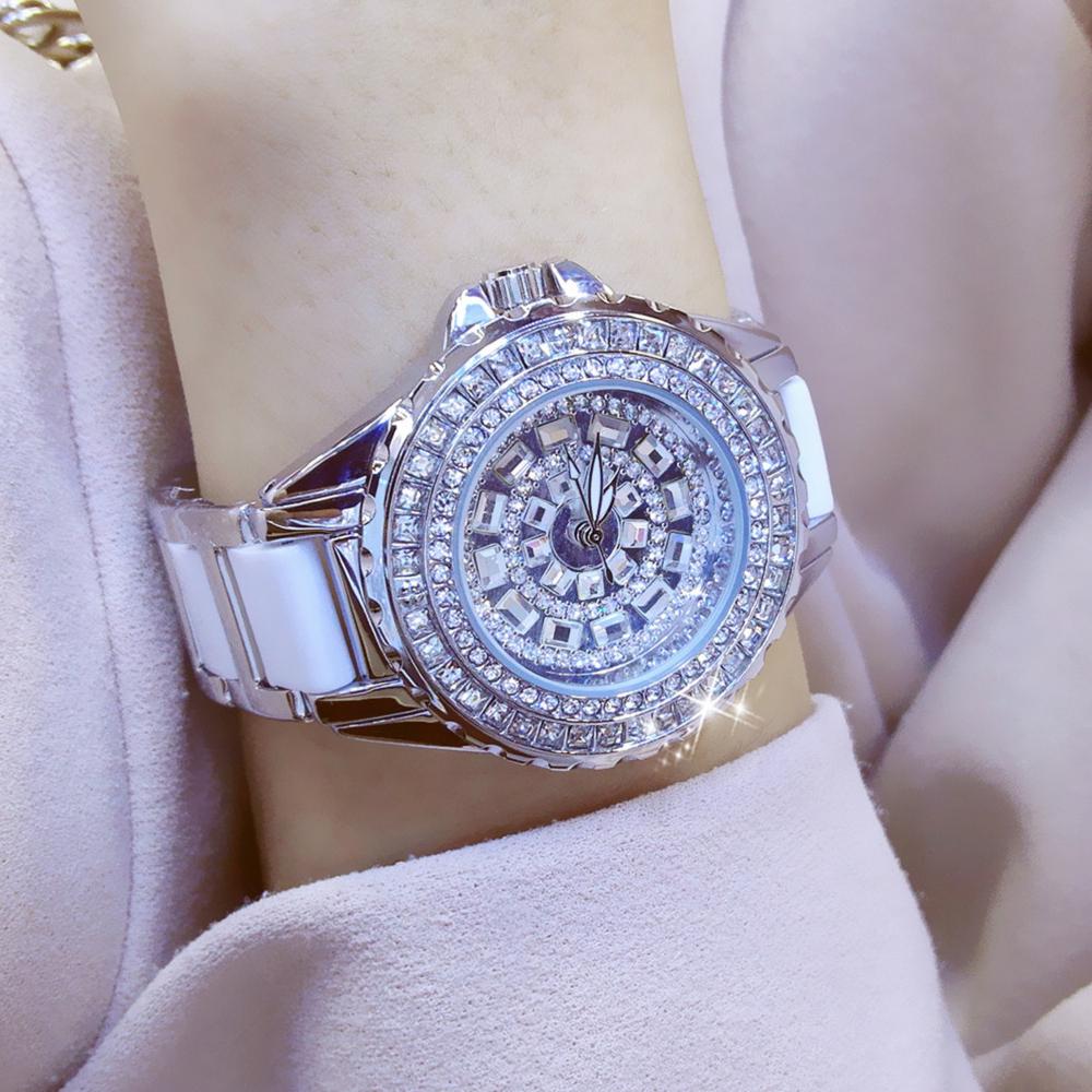 BEE SISTER BS Diamant Uhren Frauen Berühmte Marke Mode Keramik Frauen Armbanduhren Damen Edelstahl Weiblichen Uhr Without box silber