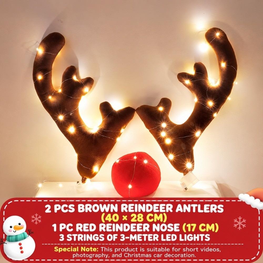 Universelle leuchtende Rentiergeweihe für Autos, warmer Lichtstreifen, Rentier-Kit für Autos, festliche Atmosphäre BrownStyle withLight white