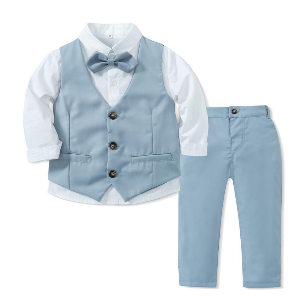 Jungen Gentleman Outfits Geburtstagskostüm Kinder Frühling Herbst Boutique Kleidung Set Solide Weste Anzug Kinder Baumwolle Formelle Kleidung 120cm hellblaue