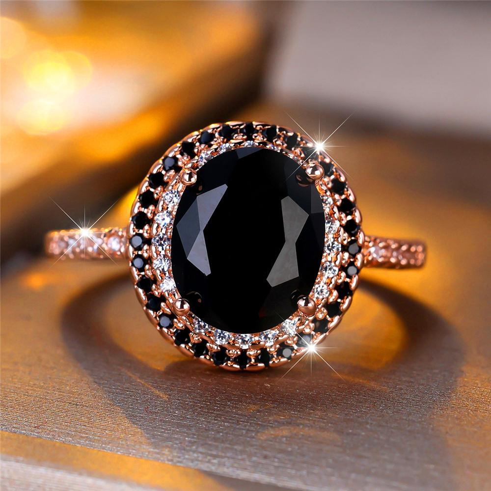 Trendige Schwarze Zirkon Kristall Vintage Gold Kupfer Farbe Eheringe Verlobungsringe Für Frauen Männer Minimalistischer Schmuck 10