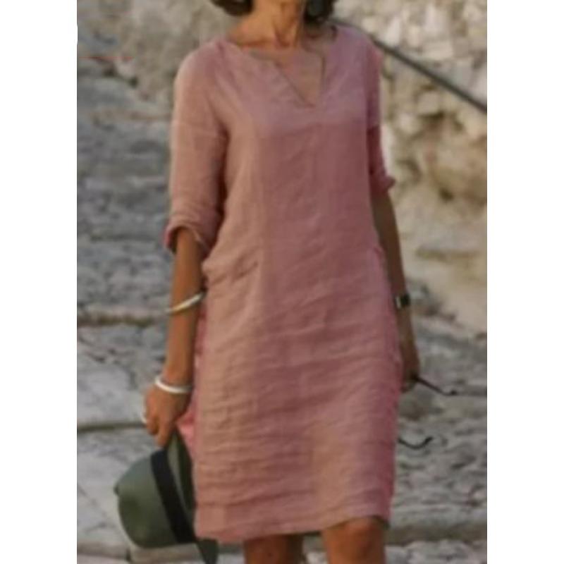Sommer V-Ausschnitt Baumwolle und Leinen Freizeitkleid Damen Elegant Kurzarm Übergröße Kleid Frau Fashion Solid Lose A-Linie Kleider Weiblich 1033 M dunkel rosa