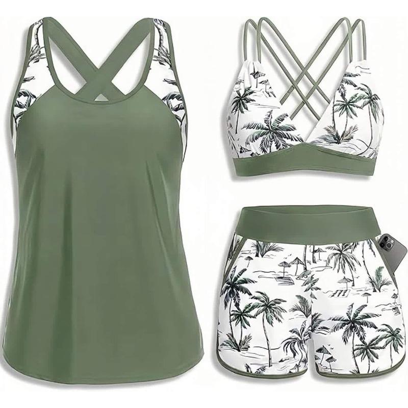 Dreiteiliger Bikini für Damen mit Taschen, Kreuzdesign, Schöner Rücken, Bikini-Boxershorts, Sport-Bikini XL gray