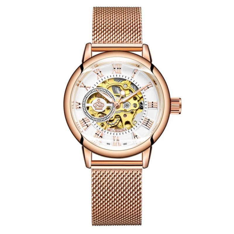 Frauen automatische mechanische Uhr Skelett Uhren Mesh Edelstahl Mode Damen Armbanduhr None rose gold