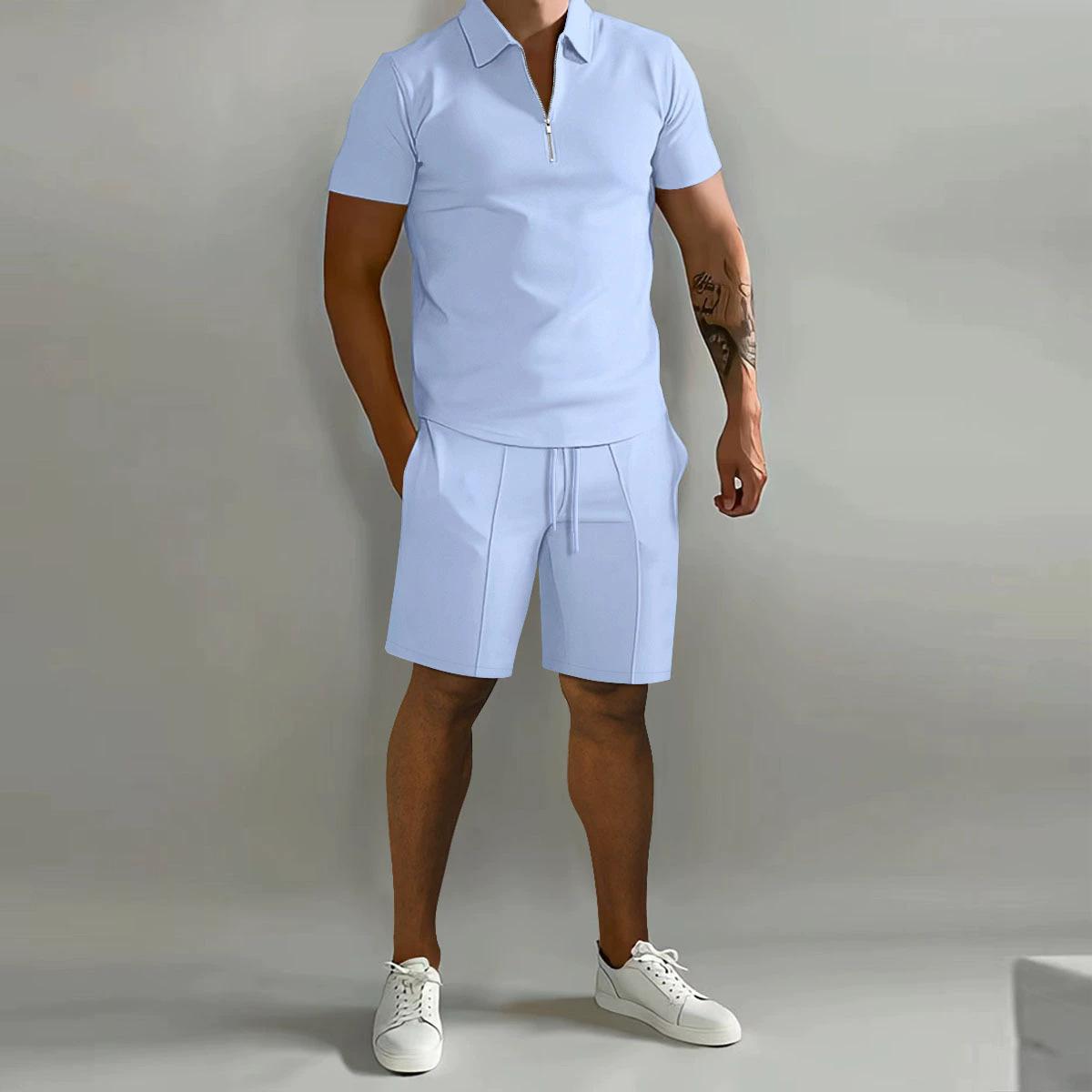 Frühling und Sommer Herren Sets Revers Kurzarm Polohemd Sporthose 2-teilige Anzüge für Herren S hellblaue
