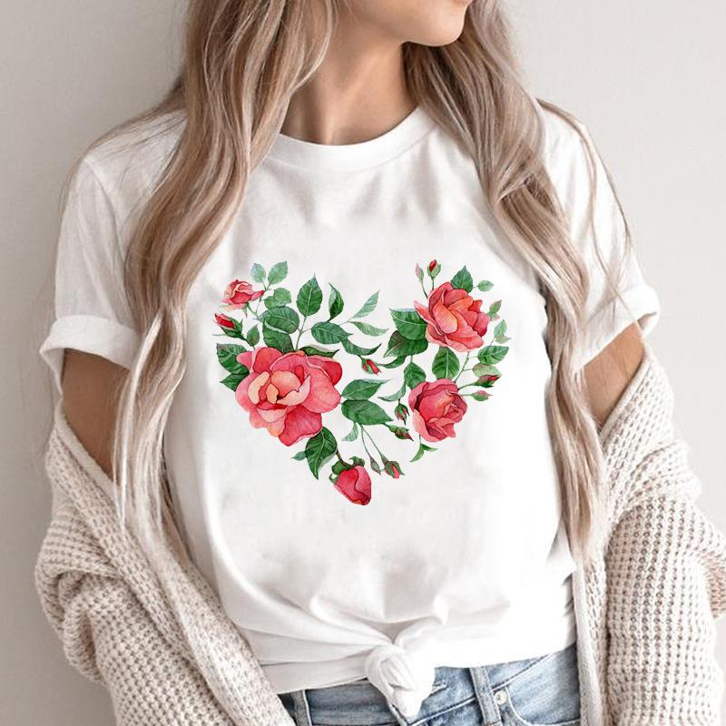 Kleidung Sommer Liebe Brief Blume Trend 90er Jahre süße Grafik T-Shirt Print Damen weibliche T Top lässig Kurzarm Damenmode T-Shirt L