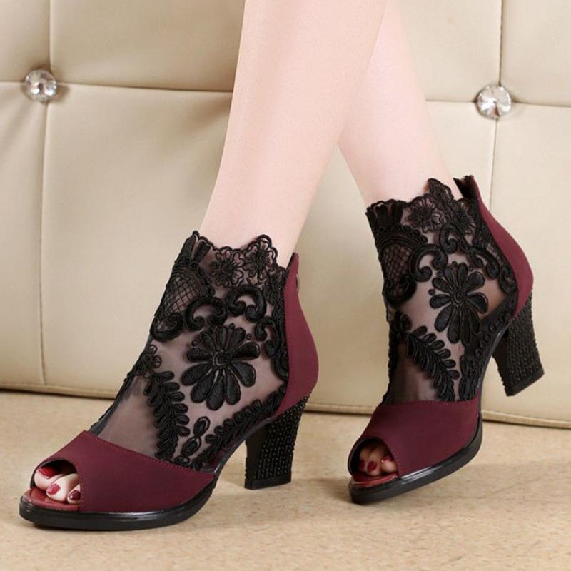 Frühlings- und Sommersandalen Damenschuhe mit Fischmaul Mittlerer Absatz Große Sandalen Atmungsaktive Mesh-Schuhe Damenschuhe mit Spitzen-High-Heels 42 rot