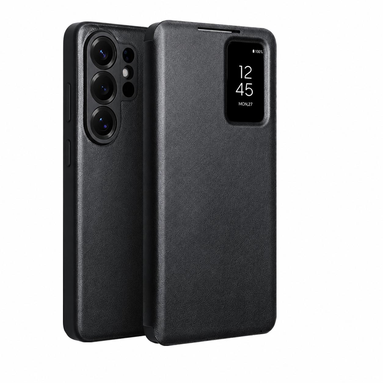 Für Samsung Galaxy S26 / S26+ / S26 Ultra Echte Leder Smart Flip Hülle Leichte Handyhülle mit Smart View für S26 Serie Galaxy S26 schwarz