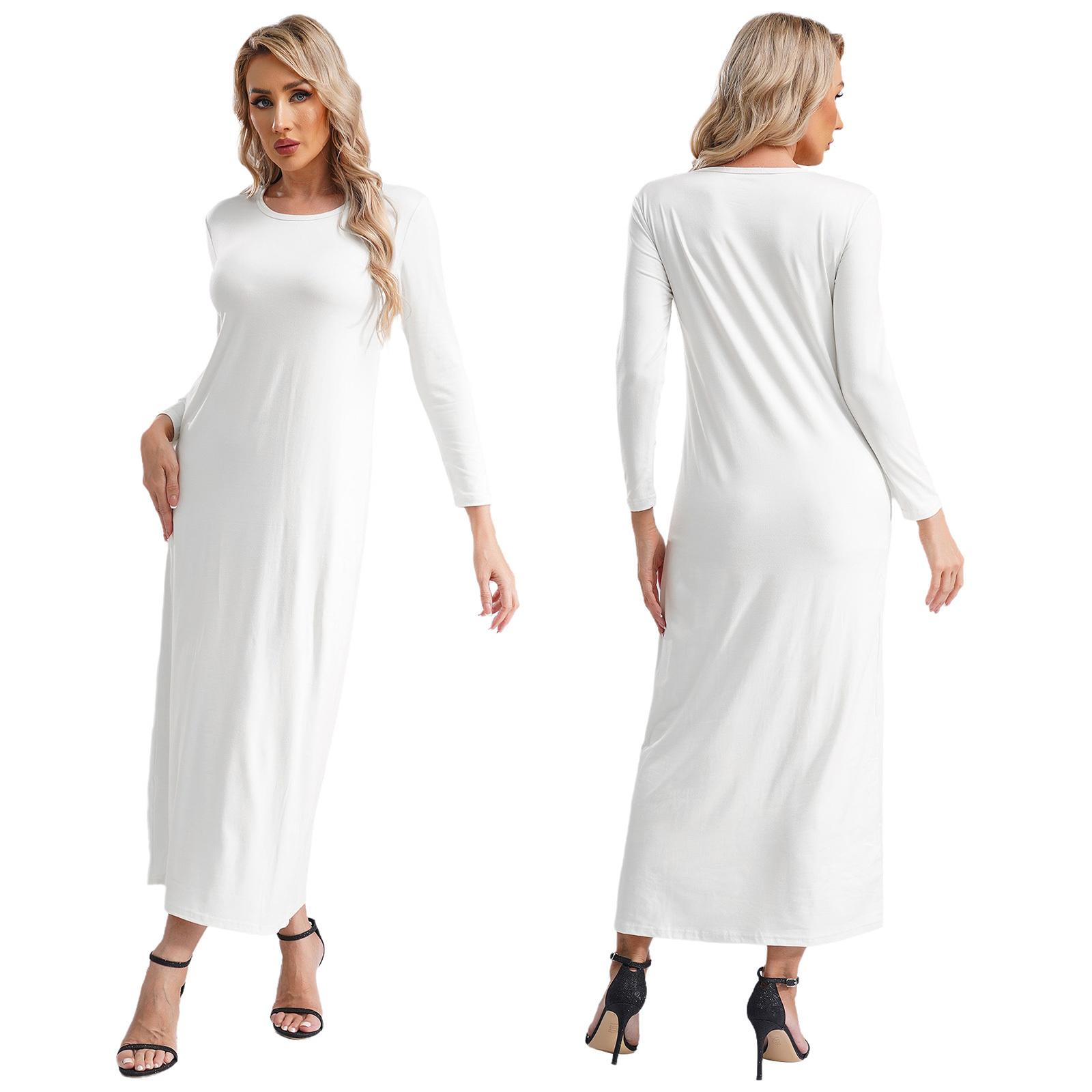 S-3XL Lässiges Islamisches Kleid für Damen: Einfarbige Abaya mit Rundhalsausschnitt und langen Ärmeln, locker geschnitten, für das tägliche Gebet & Ausflüge XXL-3XL weiß