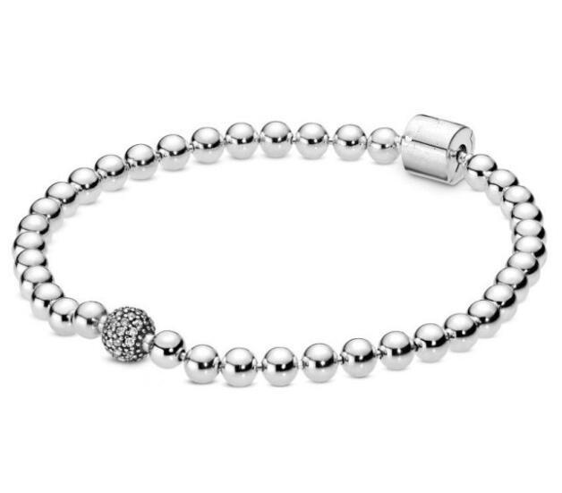 S925 Sterling Silber Armband Glatte Perlen & Pavé Kristall Kugel Armband Fit Bead Charm Diy Modeschmuck 20cm