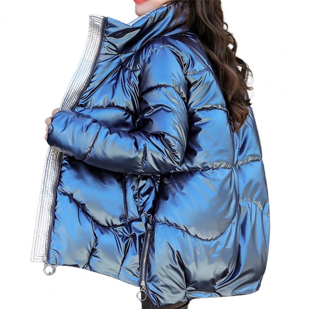 Glänzende Winter-Daunen-Baumwoll-gefütterte Jacke für Damen, dicke, leuchtend schwarze, kurze, glänzende Jacke, gelb-rote Baumwoll-Parkas-Oberbekleidung XS blau