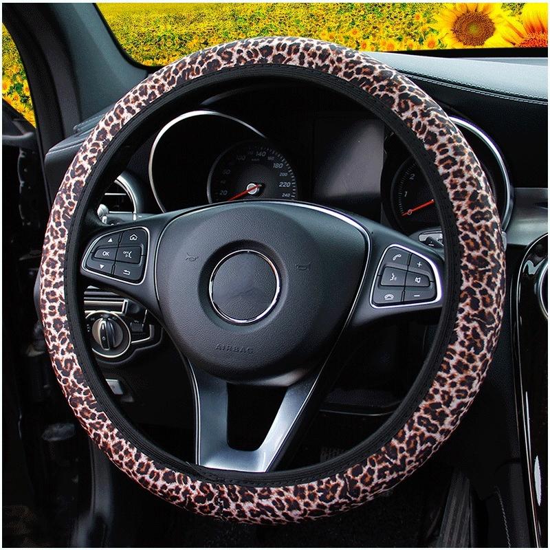 37–38 cm Gänseblümchen-Blumen-Auto-Innendekoration, gestrickte Sonnenblumen-Lenkradabdeckung, universelles Autozubehör, Radabdeckung ohne Innenring Leopard