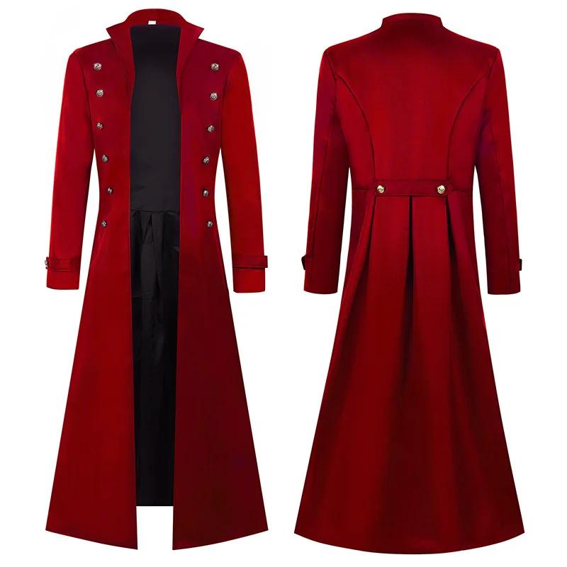 XS-5XL Übergröße Herren Gothic Trench Mittelalterlicher Steampunk Retro-Stil Lange Jacken Zweireihig Einfarbig Herren Vintage Lange Jacken XL rot